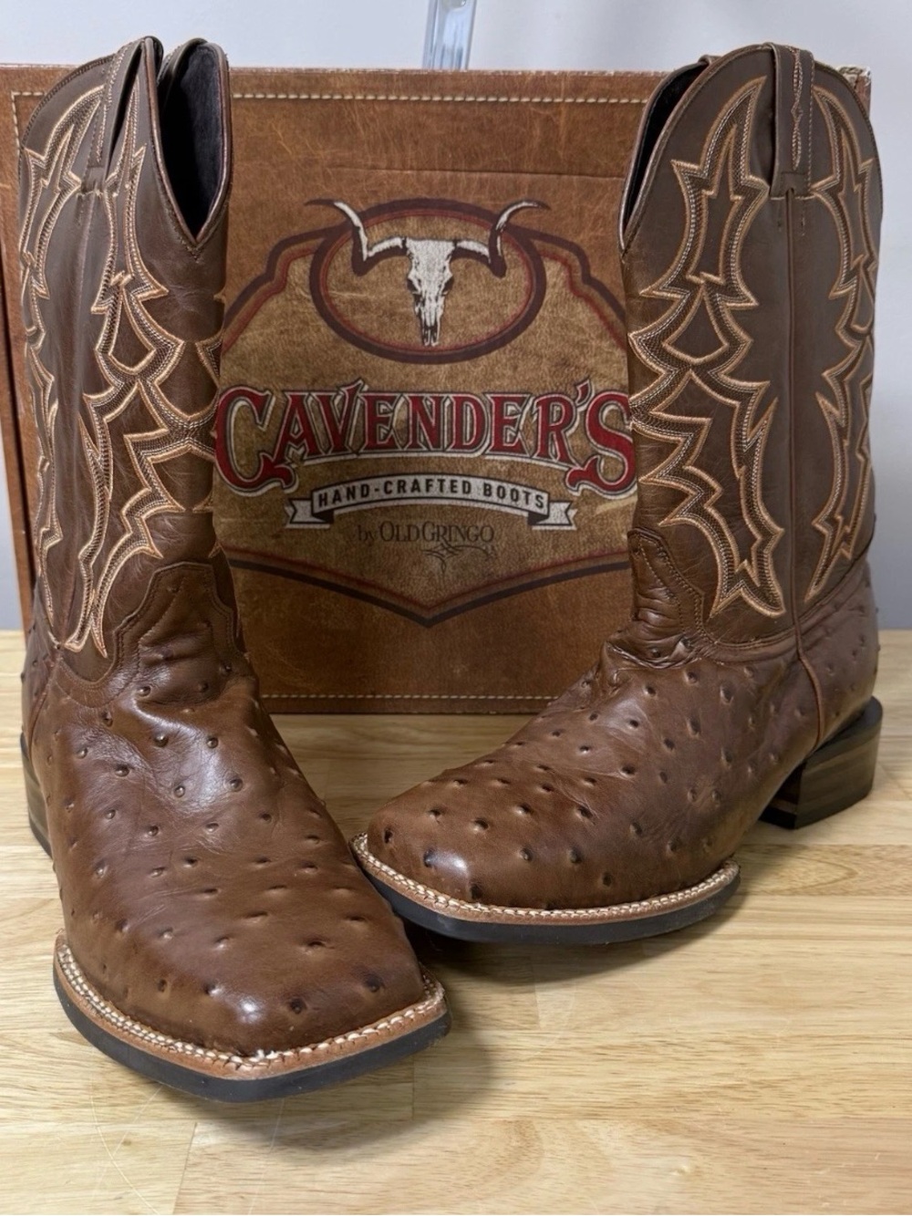Cavenders Mens Rustic Cognac Ostrich Print Square Toe Western Cowboy Boots 9.5EE